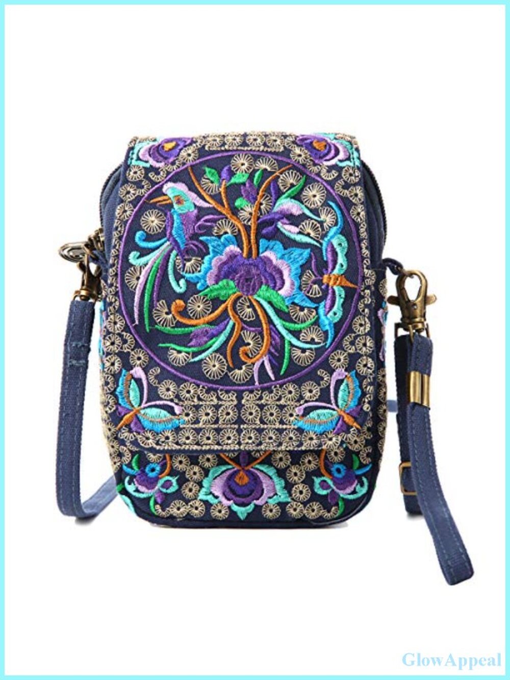 Embroidered Canvas Mini Crossbody Bag Wristlet Wallet Cell Phone Pouch